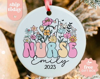 Custom Nurse Ornament, Christmas Ornament, Floral Nurse Ornament, Nursing Ornament, Nurse Keepsake, Holiday Ornament, (CO-139 Nurse)