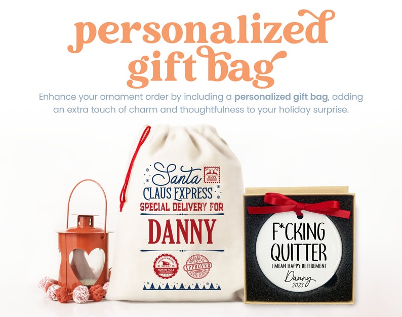 a personalized gift bag next to a candle