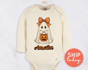 Personalized Halloween Baby Onesies® Brand - Cute Ghost Pumpkin Bodysuit - Custom Name Baby Shower Outfit(BC-HAL183)