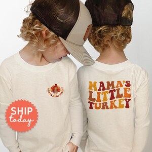 Mama's Little Turkey Shirt, Mama's Boy Thanksgiving Outfit, Pumpkin Pie Apparel, Front And Back Kids Fall Shirt, (FBC-FALL17)