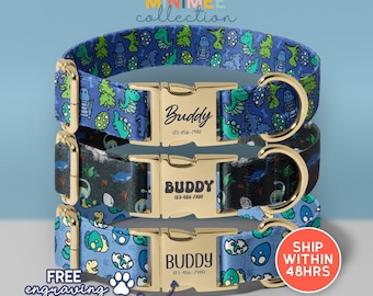 Cute Dinosaurs Personalized Dog Collar, Adjustable Dog Collar, Dino Custom Dog Collar, Cute Soft & Adjustable, Free Engraving, (DC-118)