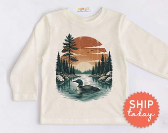Vintage Cream Loon Lake Graphic T-Shirt, Rustic Woodland Design(BC-TRE275)