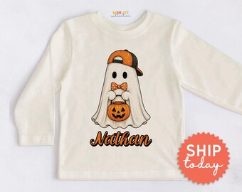 Personalized Halloween Ghost Kids Shirt - Custom Name Cute Pumpkin Toddler Tee - Halloween Outfit(BC-HAL184)