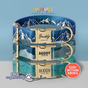 three colorful dog collars with mountain and starry mountain designs, each with a personalized name tag. The collars are displayed against a blue background, and there is a shipping offer for the collars.