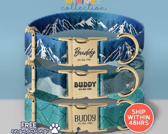Mountain Dog Collar Leash Set With Personalized Engraved Pet Name, Graphic Dog Collar, Adjustable Dog Collar, Dog Lover Gift, (DC-10)