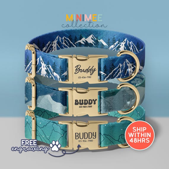 Mountain Dog Collar Leash Set With Personalized Engraved Pet Name, Graphic Dog Collar, Adjustable Dog Collar, Dog Lover Gift, (DC-10)