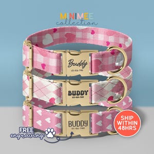 three pink and white checkered dog collars with personalized names and a free engraving offer.