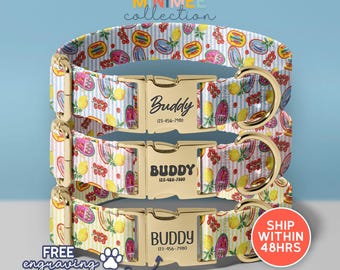 Pink Stripe Dog Collar with Engraved Name | Personalized Name & Number Pet Collar (DC-317)