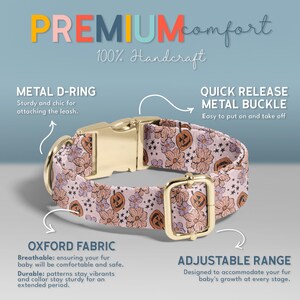 The image is an advertisement for a dog collar with a floral pattern and a metal buckle. It highlights the collar's features, such as the metal D-ring, quick release metal buckle, and breathable fabric. The collar is designed to accommodate a dog's fur and provide comfort during various stages of growth.