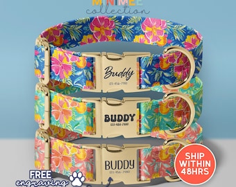 Tropical Floral Dog Collar | Personalized Pet Collar with Engraved Gold Buckle(DC-311)