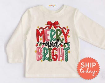 Merry and Bright Kids Shirt - Cute Christmas Alphabet Toddler Tee - Festive Holiday Outfit(BC-CHR108)