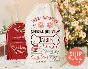 Merry Woofmas Bag, Personalized Dog Name Santa Sack, Paw Parent Christmas Present, Dog Owner Bag, Holiday Gift Bag, (CB-13 Special)