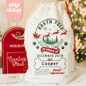 North Pole Special Delivery Christmas Sack, Personalized Christmas Dog Bag, To Arrive On December 25th Santa Sack, (CB-3 Good)