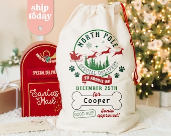 North Pole Special Delivery Christmas Sack, Personalized Christmas Dog Bag, To Arrive On December 25th Santa Sack, (CB-3 Good)