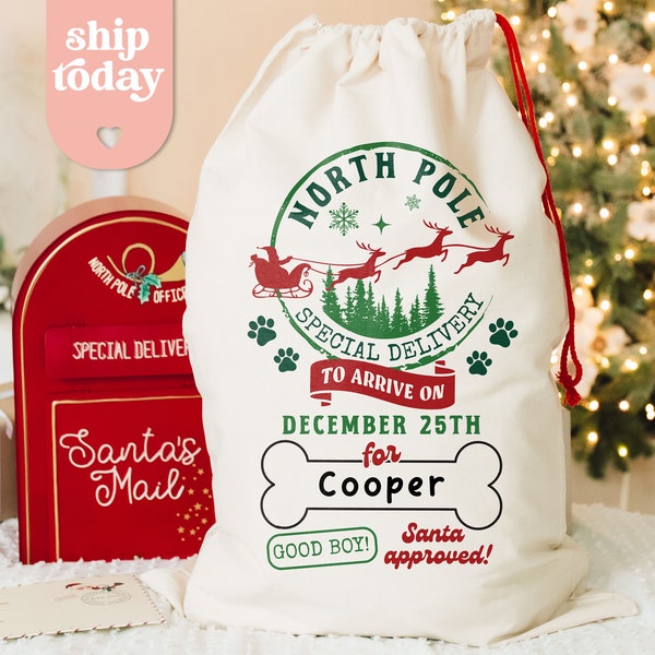 North Pole Special Delivery Christmas Sack, Personalized Christmas Dog Bag, To Arrive On December 25th Santa Sack, (CB-3 Good)