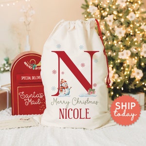 Custom Merry Christmas Bag, Personalized Initial And Name Santa Sack, Holiday Gift Bag, Kids Christmas Eve Present, (CB-19)