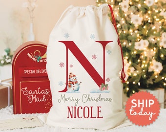 Custom Merry Christmas Bag, Personalized Initial And Name Santa Sack, Holiday Gift Bag, Kids Christmas Eve Present, (CB-19)