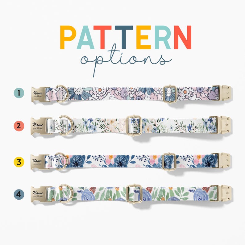 a collection of colorful patterned dog collars, each with a unique design and color scheme. The collars are arranged in a row, showcasing various patterns and colors. The text "PATTERN options" is prominently displayed above the collars, indicating the variety of options available for customers.
