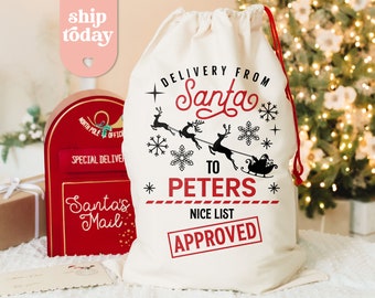 Delivery From Santa To Peters Christmas Bag, Custom Santa Sack, Nice List Approved Holiday Gift Bag, Personalized Christmas Bag, (CB-4 From)