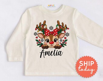 Personalized Baby Girl Deer Kids Shirt - Custom Name Christmas Toddler Tee - Cute Gift Kid Apparel(BC-CHR104)