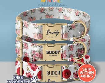 Custom Floral Dog Collar,  Roses Floral Dog Collar Set, Girly Dog Collar With Name, Adjustable Dog Collar, (DC-60)