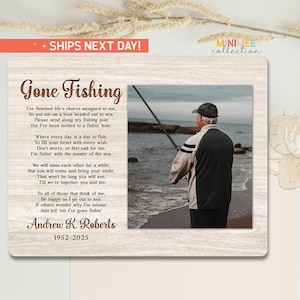 Targa commemorativa con foto Gone Fishing, regalo di condoglianze con nome e foto personalizzati, in amorevole ricordo, regalo di ricordo, (PS-MEM18)