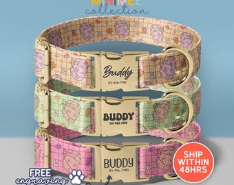 Personalized Pumpkin Floral Dog Collar,  Gold Buckle with Engraved Name and Number for Small Medium Large Dog (DC-320)
