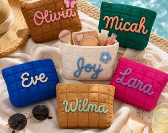 Personalized Quilted Nylon Makeup Bag, Bridesmaid Proposal Gift, Vacation Cosmetic Bag, Birthday Gift for Her, Bachelorette Party Favor