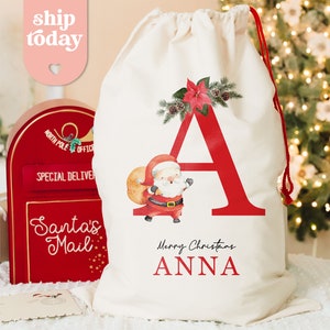 Personalized Merry Christmas Bag, Custom Name & Initial Santa Sack, Christmas Eve Gift Bag, Cute Christmas Stocking