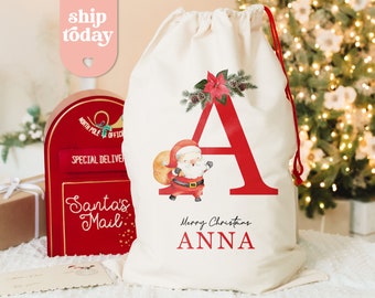 Bolsa personalizada de Feliz Navidad, nombre personalizado y saco de Papá Noel inicial, bolsa de regalo de Nochebuena, linda media navideña