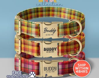 Dog Collar TemPersonalized Plaid Dog Collar with Engraved Name and Phone Number, Fall Themed Pet Collar for Small Medium Large Dog (DC-plate