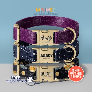 Witchy Magic Dog Collar Personalized, Custom Dog Collar With Name, Moon Print Dog Collar, Cute Dog Collars, Rose Gold Silver Buckle, (DC-45)