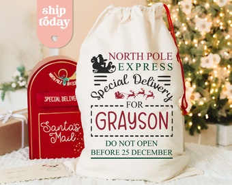North Pole Express Santa Sack, Weihnachtssack mit benutzerdefiniertem Namen, personalisiertes Weihnachtsgeschenk, spezielle Liefertasche, (CB-15 Special)