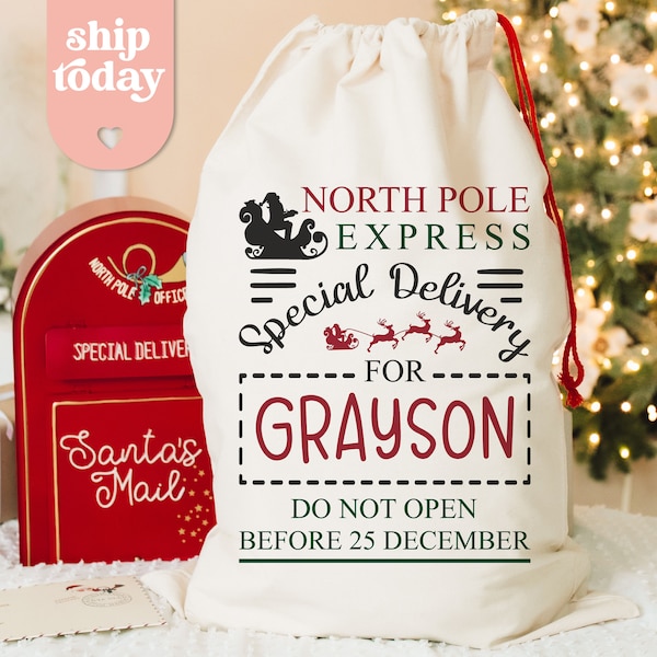 North Pole Express Santa Sack, Custom Name Christmas Bag, Personalized Christmas Present, Special Delivery Bag, (CB-15 Special)