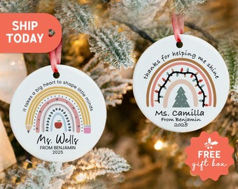 Custom Rainbow Teacher Christmas Ornament • Personalized Teacher Ornament with Name & Year • Cute Personalized Teacher Keepsake Gift (CO_11)