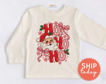 Ho Ho Ho Kids Shirt - Cute Santa Christmas Toddler Tee - Coquette Holiday Shirt for Girls(BC-CHR-124)