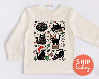 Christmas Cat Kids Shirt - Cute Cat Tangled on Christmas Light Toddler Tee - Ornaments Candy Gifts(BC-CHR116)