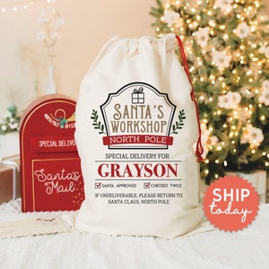Santa's Workshop Bag, Custom Name Special Delivery Santa's Gift Bag, Holiday Gift Bag, Santa Approved Checked Twice Bag, (CB-14 Workshop)