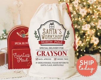 Santa&#39;s Workshop Bag, Custom Name Special Delivery Santa Sack, Holiday Gift Bag, Santa Approved Checked Twice Bag, (CB-14 Workshop)
