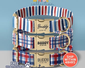 Puede incluir: Tres collares personalizados para perros con hebillas doradas. Los collares presentan patrones rojos, blancos y azules, incluyendo rayas y cuadros. Cada collar tiene el nombre "Buddy" y un número de teléfono grabado en la hebilla. La imagen también incluye el texto "FREE engraving".