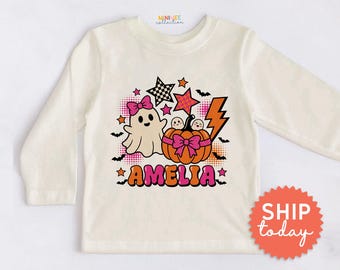 Personalized Halloween Kids Shirt - Custom Name Cute Ghost Toddler Tee - Girls Pumpkin Party Outfit(BC-HAL175)