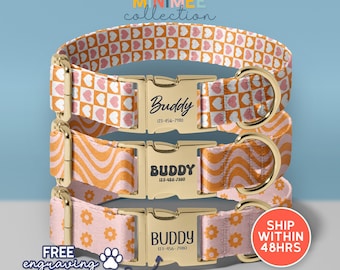 Funky Flowers Dog Collar With Name, Engraved Dog Collars, Retro Girl Dog Collar, Gift for Pets, Best Seller Dog Collar, (DC-116)