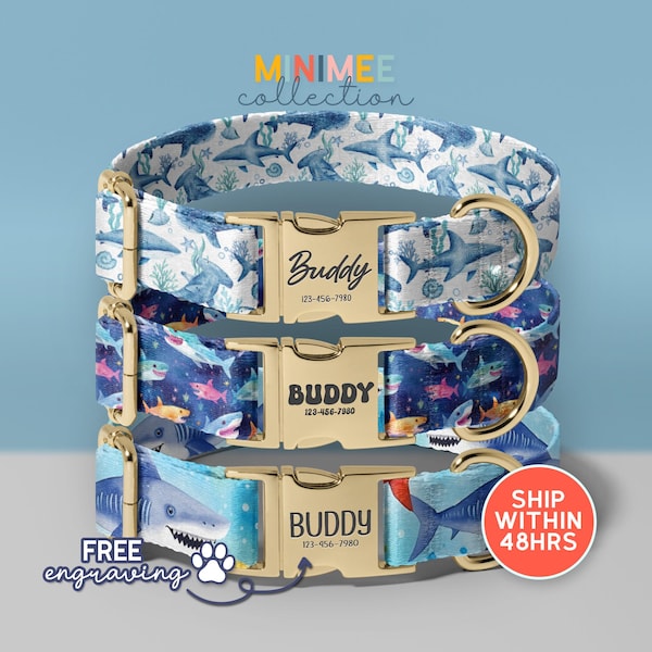 Shark Dog Collar, Personalized Dog Collar With Name, Ocean Dog Collar, Cute Soft & Adjustable, Gift for Dogs, (DC-84)