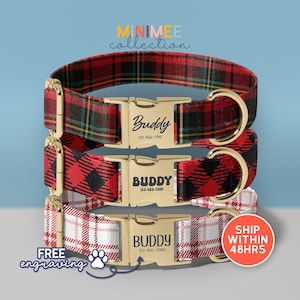 Plaid Personalized Dog Collar And Leash Set, Engraved Name On Dog Collar, Checked Dog Collar, Stylish Dog Accessories, (DC-29)