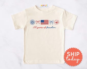 America 250 Years Freedom Girl Shirt | July 4th Patriotic Toddler Tee | Independence Day Flag Bow Design(BC-JUL35)