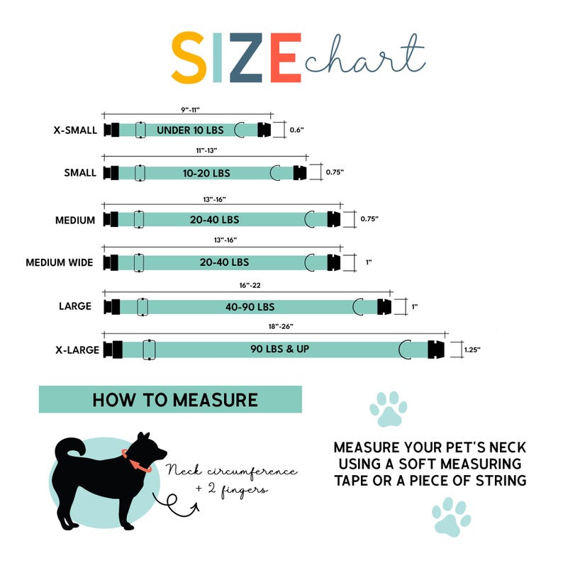 The image is a size chart for pet collars, providing measurements for different neck sizes. It includes a diagram of a dog wearing a collar and instructions on how to measure a pet's neck using a soft measuring tape or a piece of string.