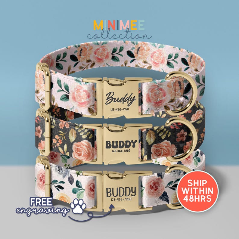 three colorful dog collars with floral patterns, each with a personalized name tag. The collars are displayed against a blue background, and there is a shipping offer for the collars.