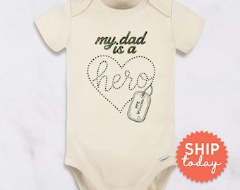 Military Baby Onesies® Brand My Dad Is A Hero | Army Veteran Father's Day Gift | Newborn Bodysuit With Dog Tags (BC-DAD105)