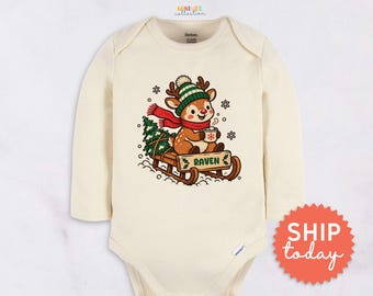 Personalized Deer Baby Onesies® Brand - Custom Name Cute Deer on Sleigh Bodysuit - Hot Choco Snowflake Winter Outfit(BC-CHR122)