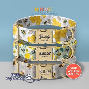 Personalized Yellow Bumblebee Bee Dog Collar Set With Name, Adjustable Size, Gift for Dogs, Collar for Small to Large Dogs, (DC-87)